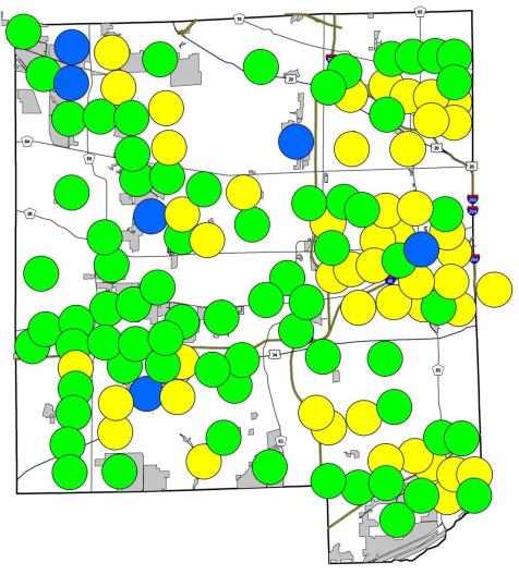 Green circles represent places where both species may be found. Yellow circles are fall field crickets only, blue circles are spring field crickets only.